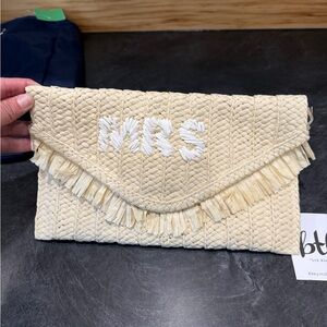 Handwoven Cream Straw Clutch with White MRS Embroidery